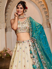 Cream Tissue Sequinse embroidery Semi Stitched Lehenga choli and Dupatta