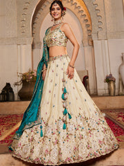 Cream Tissue Sequinse embroidery Semi Stitched Lehenga choli and Dupatta