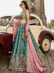 Lime green Georgette Sequins embroidery Semi Stitched Lehenga choli and Dupatta