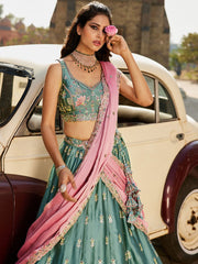 Lime green Georgette Sequins embroidery Semi Stitched Lehenga choli and Dupatta