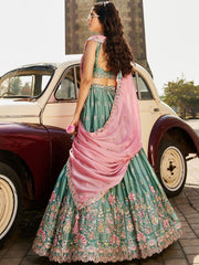 Lime green Georgette Sequins embroidery Semi Stitched Lehenga choli and Dupatta