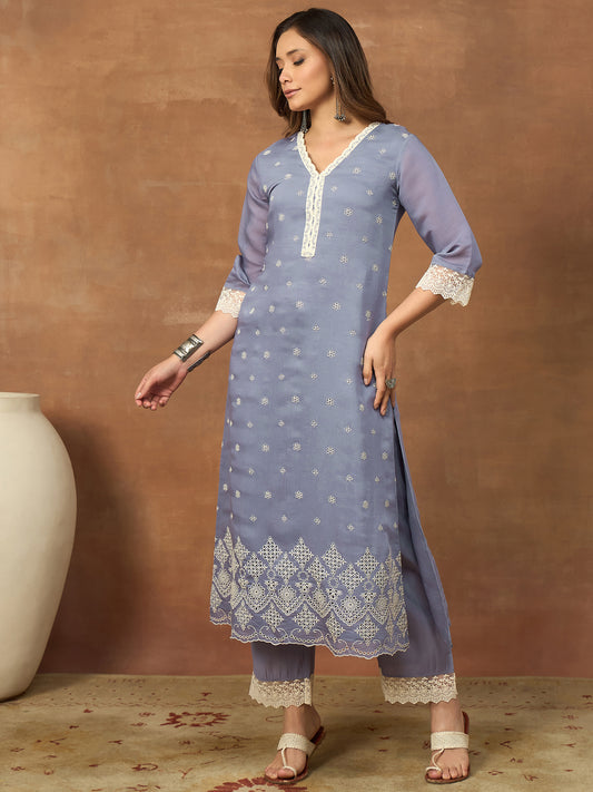 Women Ethnic Motifs Embroidered Regular Thread Work Chanderi Cotton Kurta with Trousers & With Dupatta