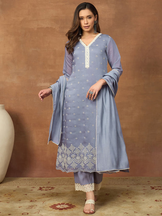 Women Ethnic Motifs Embroidered Regular Thread Work Chanderi Cotton Kurta with Trousers & With Dupatta