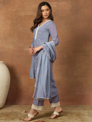 Women Ethnic Motifs Embroidered Regular Thread Work Chanderi Cotton Kurta with Trousers & With Dupatta