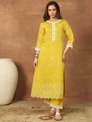 Women Ethnic Motifs Embroidered Regular Thread Work Chanderi Cotton Kurta with Trousers & With Dupatta