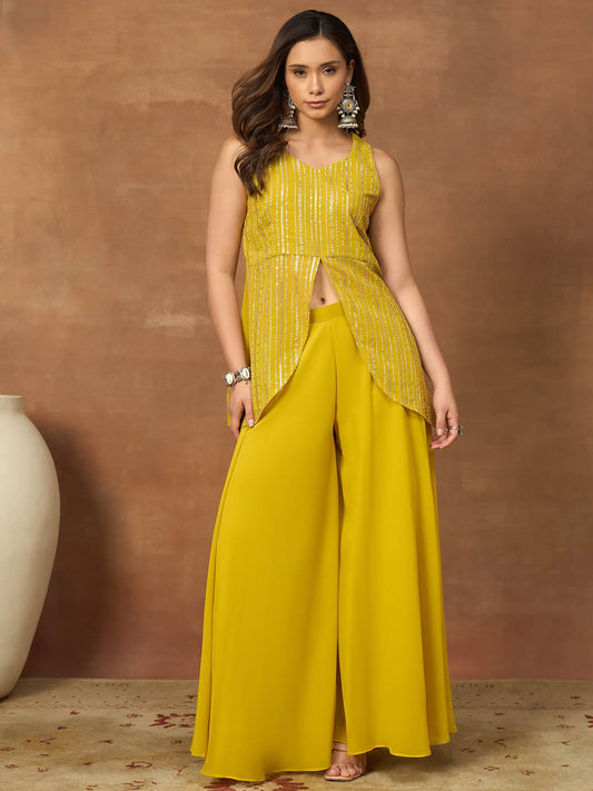 Embellished V-Neck Top With Palazzos Co-Ords