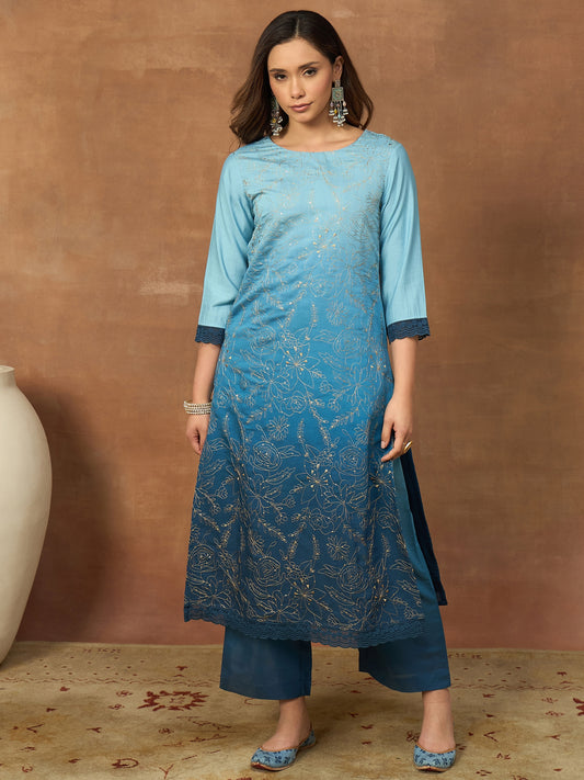 Women Ethnic Motifs Embroidered Regular Thread Work Kurta with Trousers & With Dupatta