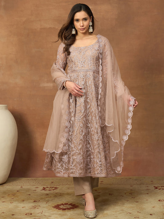 Women Floral Embroidered Tiered Thread Work Kurta with Trousers & With Dupatta