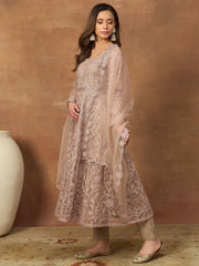 Women Floral Embroidered Tiered Thread Work Kurta with Trousers & With Dupatta