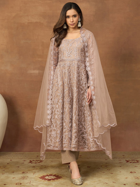 Women Floral Embroidered Tiered Thread Work Kurta with Trousers & With Dupatta