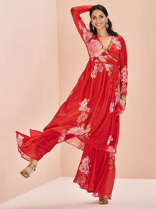 Floral Printed Angrakha Kurta With Sharara