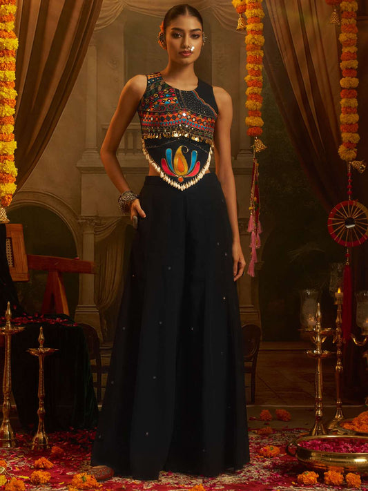 Embroidered Round Neck Crop Top & Palazzo Co-ords