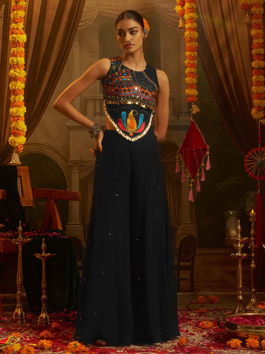 Embroidered Round Neck Crop Top & Palazzo Co-ords