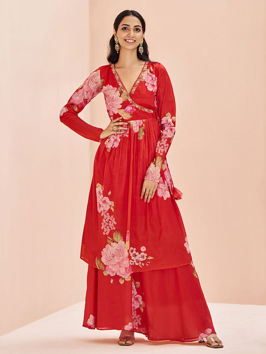 Floral Printed Angrakha Kurta With Sharara