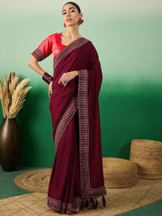 Maroon Embroidered Sarees With Blouse