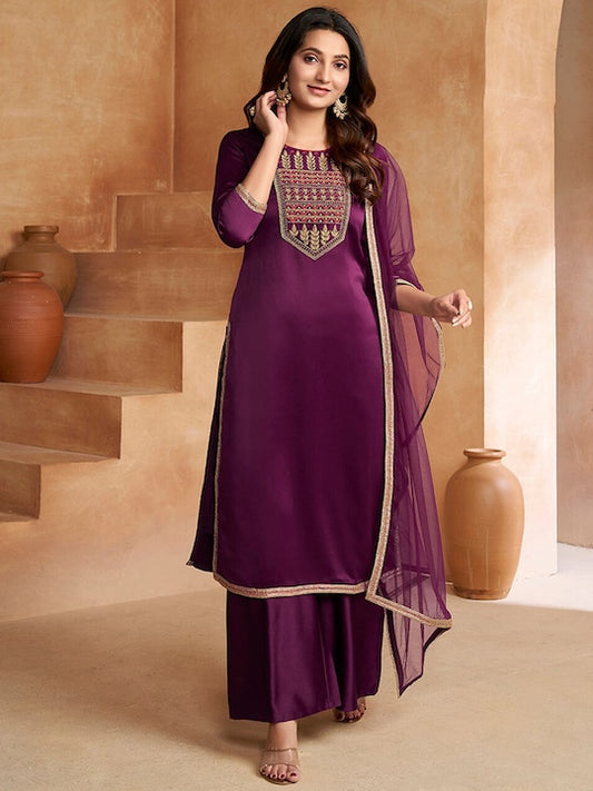 Purple Ethnic Motifs Embroidered Regular Kurta with Palazzos & Dupatta