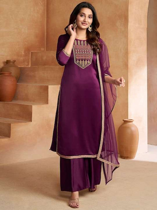 Purple Ethnic Motifs Embroidered Regular Kurta with Palazzos & Dupatta