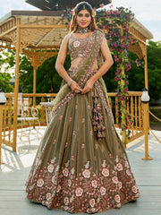 Olive colour Satin Sequinse embroidery Semi Stitched Lehenga choli and Dupatta