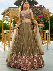 Olive colour Satin Sequinse embroidery Semi Stitched Lehenga choli and Dupatta