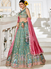 Sea green colour Tissue Sequinse embroidery Semi Stitched Lehenga choli and Dupatta