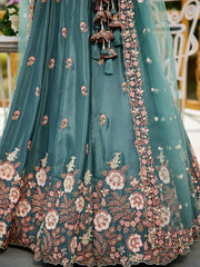 Teal colour Satin Sequinse embroidery Semi Stitched Lehenga choli and Dupatta