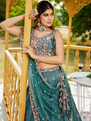 Teal colour Satin Sequinse embroidery Semi Stitched Lehenga choli and Dupatta