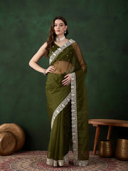 Thread Embroidered Border Saree With Embroidered Blouse Piece