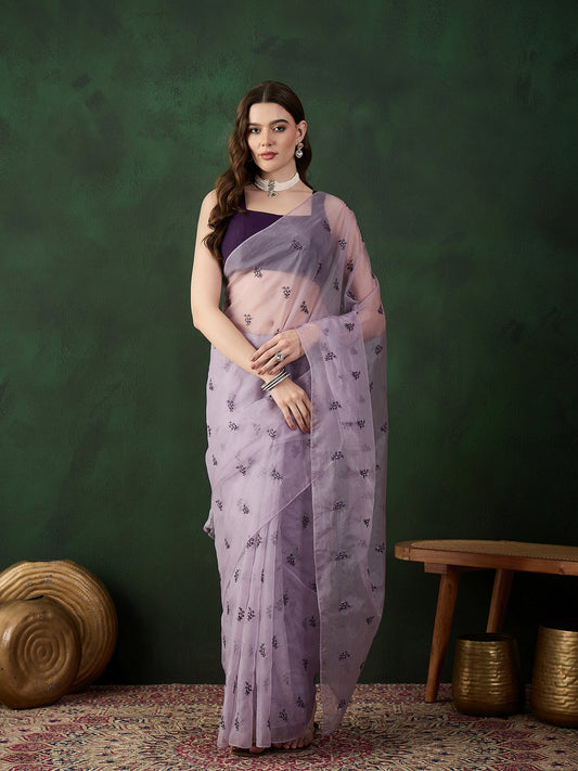 Embroidered Organza Saree With Blouse Piece
