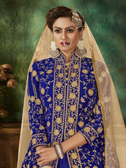 Velvet Embroidered Sharara Suit Set In Royal Blue