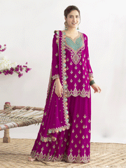 Magenta Dabka Dori and Sequins Palazzo Style Suit