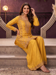 Mustard All Over Beads Embroidered Palazzo Style Suit
