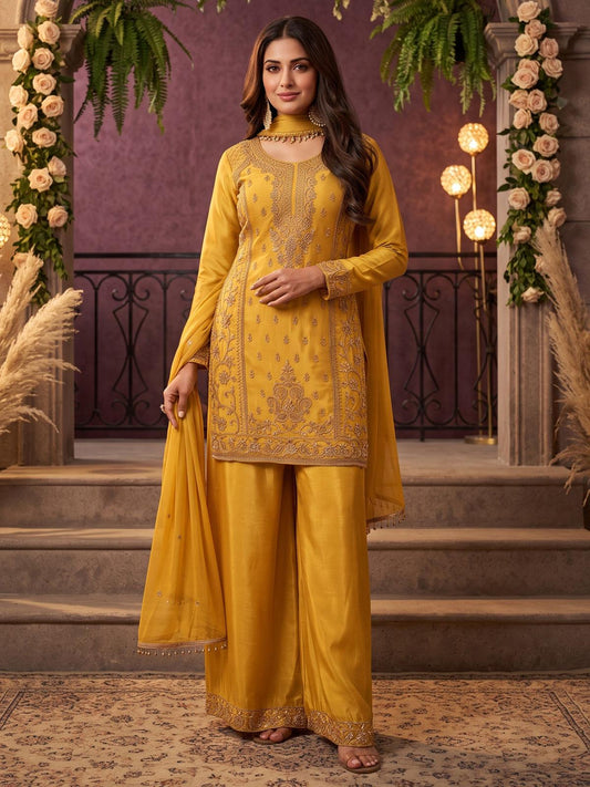Mustard All Over Beads Embroidered Palazzo Style Suit