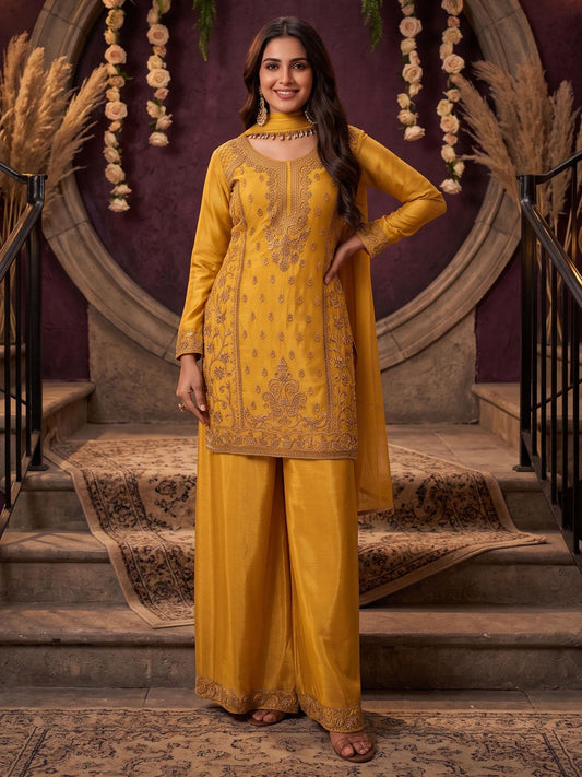 Mustard All Over Beads Embroidered Palazzo Style Suit