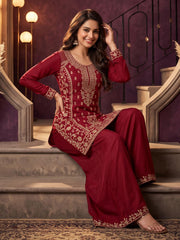 MaroonAll Over Beads Embroidered Palazzo Style Suit