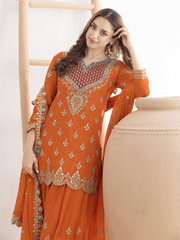 Orange Dabka Dori and Sequins Palazzo Style Suit