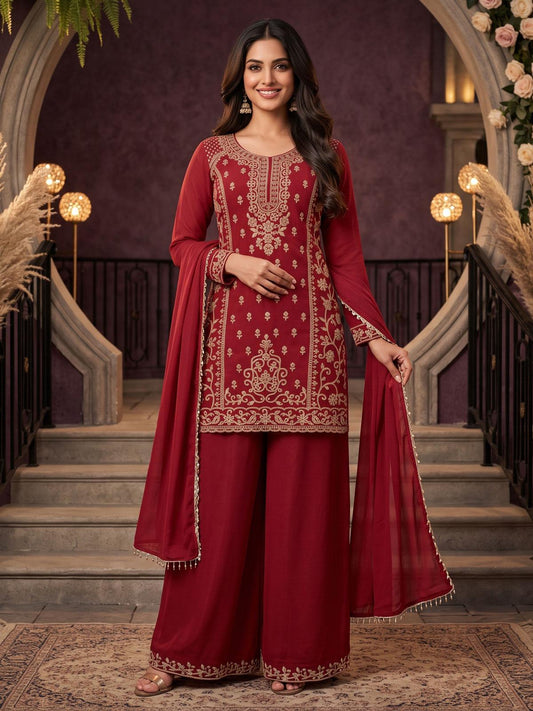 MaroonAll Over Beads Embroidered Palazzo Style Suit
