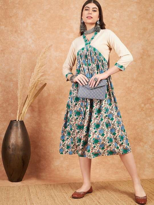 Floral Printed Flared Midi-Length Cotton Ethnic Dress