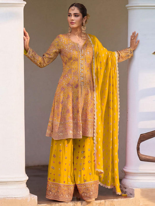 Georgette Yellow Color Embroidered Palazzo Suit