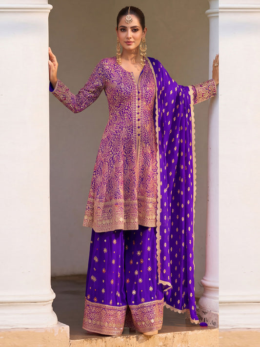 Georgette Purple Color Embroidered Palazzo Suit