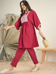 Red Floral Yoke Design Regular Thread Work Kaftan Kurta With Trousers