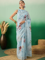 Blue Floral Printed Embellished Linen Blend Saree
