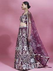 Burgundy Net Sequinse Work Semi-Stitched Lehenga & Unstitched Blouse with Dupatta