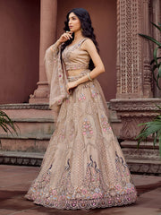 Beige Net Fabric Sequins embroidery Semi Stitched Lehenga & Unstitched Blouse With Dupatta