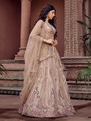 Beige Net Fabric Sequins embroidery Semi Stitched Lehenga & Unstitched Blouse With Dupatta