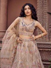 Beige Net Fabric Sequins embroidery Semi Stitched Lehenga & Unstitched Blouse With Dupatta