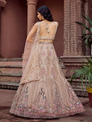 Beige Net Fabric Sequins embroidery Semi Stitched Lehenga & Unstitched Blouse With Dupatta