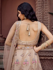 Beige Net Fabric Sequins embroidery Semi Stitched Lehenga & Unstitched Blouse With Dupatta