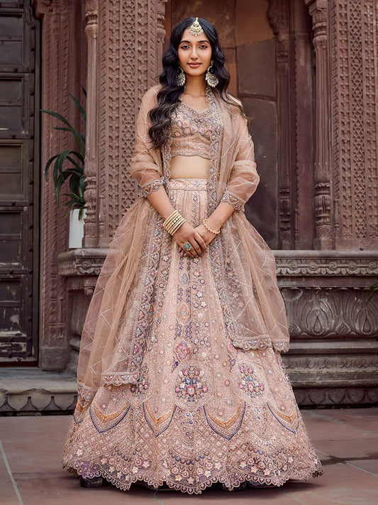 Beige Net Fabric Sequins embroidery Semi Stitched Lehenga & Unstitched Blouse With Dupatta