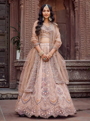 Beige Net Fabric Sequins embroidery Semi Stitched Lehenga & Unstitched Blouse With Dupatta