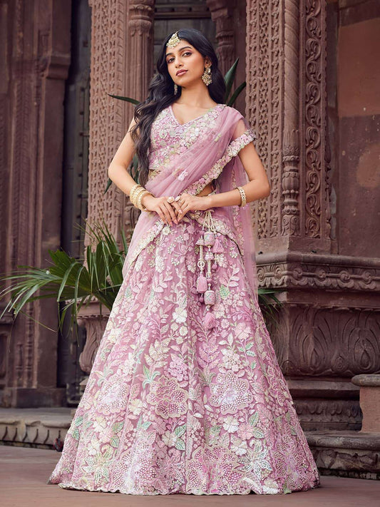 Pink Net Fabric Sequins embroidery Semi Stitched Lehenga & Unstitched Blouse With Dupatta